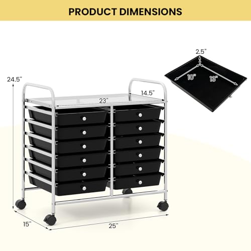 LDAILY Rolling Storage Cart with 12 Drawer for Classroom Storage, Black - color: Black, size: 12 Drawer