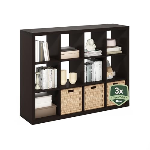 Furinno Cubicle Book Shelf, 12-Cube Bookshelf, Cube Storage, Dark Oak | 1.65" Triple Thick Frame Cube Storage Organizer Bookcase, 15.3 x 57.4 x 43.3, for Living Room, Bedroom, Home Office - color: Dark Oak, size: 12-Cube, Triple Thick
