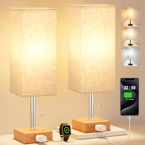 Bedside Lamp for Bedroom Set of 2 - Small Table Lamp for Nightstand | AC Outlet, 3 Color Temperatures, LED Bulb Included, Pull Chain Design, 14" Rectangular Desk Lamp for Dorm/Office, 2-Pack - color: Wood & Cream, size: 14.3In