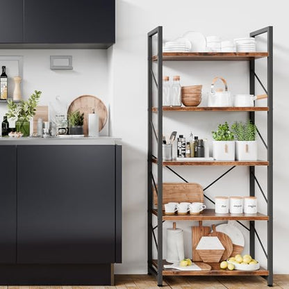 5 Tiers Bookshelf, Classically Tall Bookcase, Industrial Book Rack - color: Brown & Brown