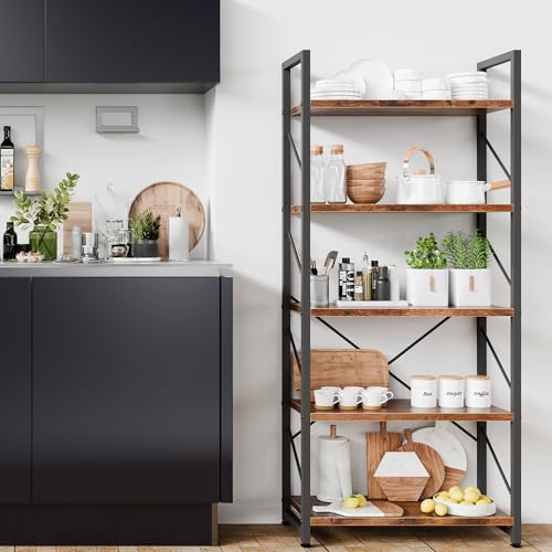 5 Tiers Bookshelf, Classically Tall Bookcase, Industrial Book Rack - color: Brown & Brown