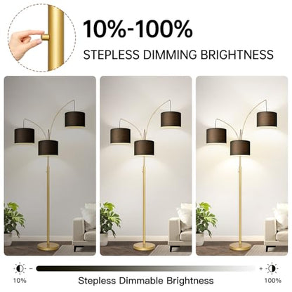 Dimmable Floor Lamp, 3 Lights Gold Arc Floor Lamp, Modern Tall Standing Tree Lamp with Black Linen Shades & Heavy Base, 3000LM LED Bulbs, Bright Lighting for Living Room, Bedroom, Office & Reading - color: Gold-Black Shade