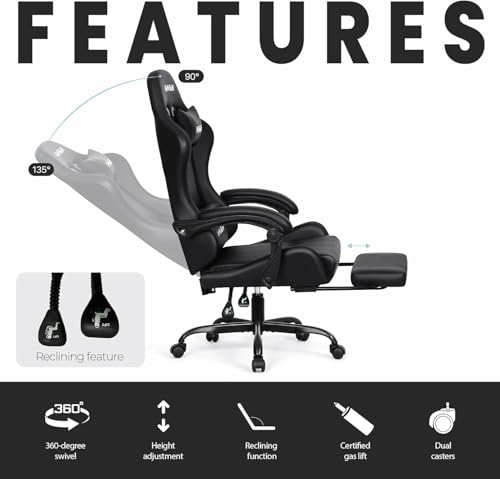 N-GEN GAMING Gaming Chair with Footrest, Lumbar, High-Back, Carbon Black | Reclining Backrest, Linkage Armrests, Durable PU Leather, Adjustable Comfort for Extended Computer, Desk, or Home Office Use - color: Carbon Black
