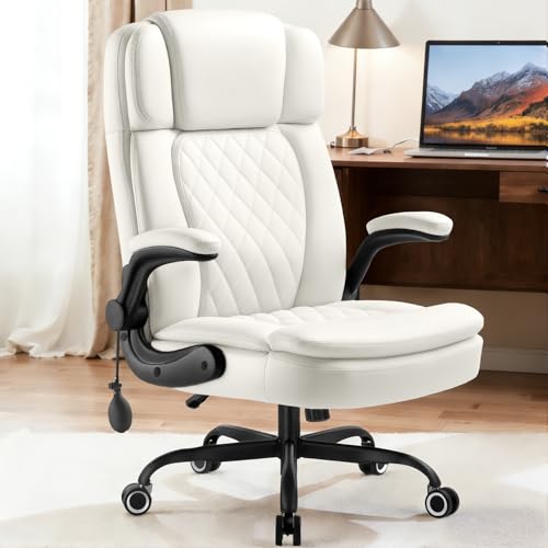 450 LBS Big and Tall Executive Office Chair with Flip up Arm, Heavy Duty Leather Computer Desk Chair,Comfortable High Back Swivel Home Office Chair with Rolling for Adults (White) - color: White