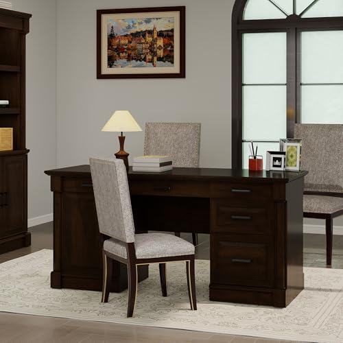 Bevfint 61.85″ Large Executive Desk with Roman Column Design, for Boss Office Home Office 3 Drawers incl. File Drawer, Keyboard Tray, Shelf Cabinet with Door, Dark Cherry - color: Dark Cherry, size: 61.85" Roman Column Desk