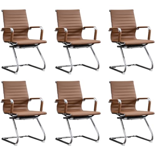 Office Guest Reception Chair Set of 6, Conference Room Chairs Waiting Room Chairs 6 Pack, Modern Leather Office Desk Chair No Wheels.（Brown） - color: Brown, size: 6 Pack
