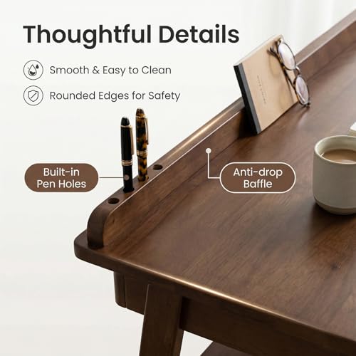 KEIKI Solid Wood Writing Desk with Drawers, 47" Computer Desk with Shelf for Home Office Work, Study, Walnut - color: Walnut W/Shelf