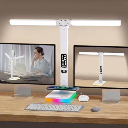 LED Desk Lamp with Charger, USB Charging Port, Dual Swing Arm Desk Light with 5 Brightness, 3 Colors, Table Lamp with Clock, Alarm, Date, Temperature, Desk Lamp for Home Office Study (White) - color: Dual-Head White