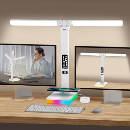 LED Desk Lamp with Charger, USB Charging Port, Dual Swing Arm Desk Light with 5 Brightness, 3 Colors, Table Lamp with Clock, Alarm, Date, Temperature, Desk Lamp for Home Office Study (White) - color: Dual-Head White