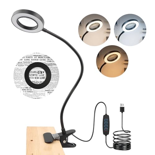 10X Magnifying Glass with Light, 2 in 1 Magnifying Desk Lamp Clip on Mganifier, 3 Color Modes & 10 Brightness Levels, USB Powered Magnifier Light for Bed Crafts DIY Repair(Size:120mm) - size: 120mm