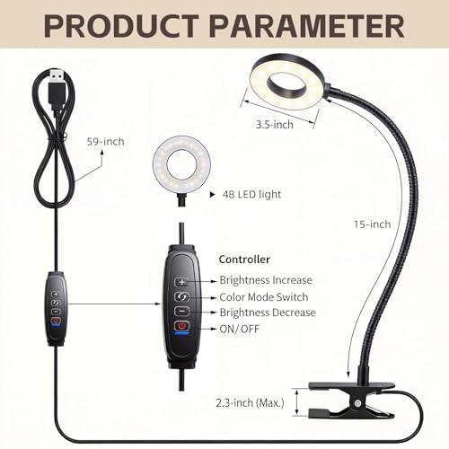 Clip on Book Light, LED Desk Lamp with Clamp, Flexible Gooseneck | Aluminum 15" Gooseneck Reading Light, 48 LED,3 Modes &10 Brightness, 59" USB Powered, for Headboard, Dorm, Craft, Office