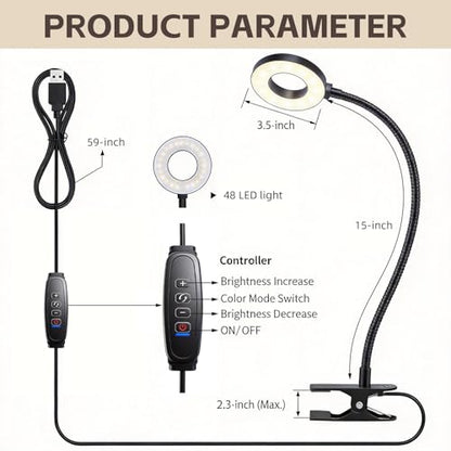 Clip on Book Light, LED Desk Lamp with Clamp, Flexible Gooseneck | Aluminum 15" Gooseneck Reading Light, 48 LED,3 Modes &10 Brightness, 59" USB Powered, for Headboard, Dorm, Craft, Office