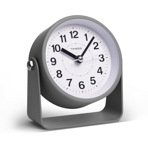 TIMESS Analog Alarm Clock with Snooze & Light, Silent Non-Ticking, Gray | On-demand light, quartz movement, battery operated, easy to set, gentle wake alarm, bedside clock for home, travel, or office - color: Gray