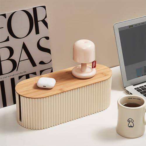 Cable Management Box with Solid Bamboo Cover, 12.6x5.4x4.4 inches, Beige