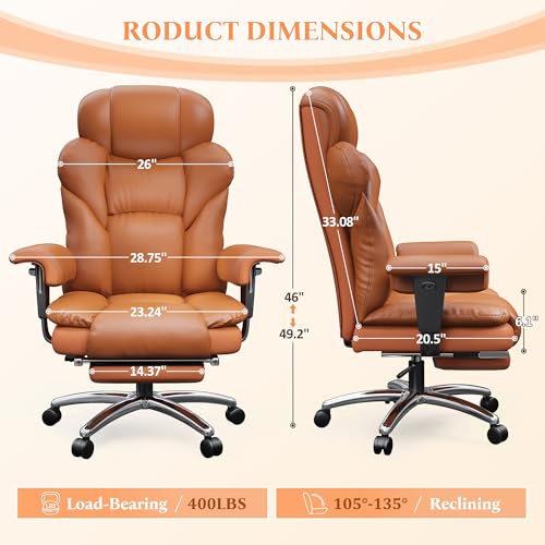 DurayLoly Big and Tall Office Chair with Footrest, 400 lbs Weight Capacity | 135° Rocking Motion, Ergonomic Lumbar Support, PU Leather for All-Day Home Office Comfort, Brown - color: Brown