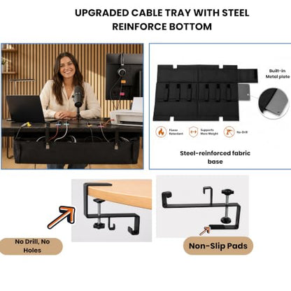 No Drill Under Desk Cable Management Tray 28" Steel Base : Anti-Sag