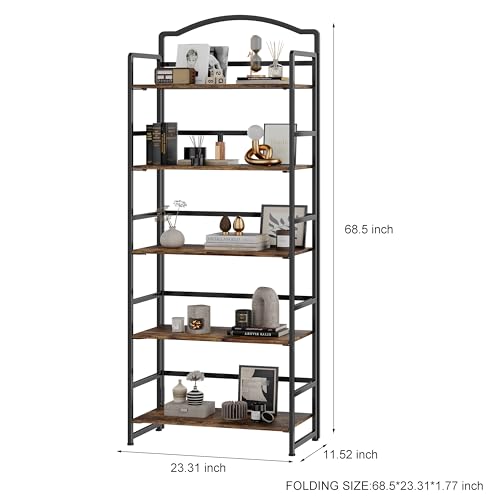 JSB 5 Tier No Assembly Folding Bookshelf, Arched Bookshelf, Foldable Bookcase for Living Room, Bedroom, Office,Skinny Bookshelf (Fire Brown) - color: Fire Brown, size: 5-Tier