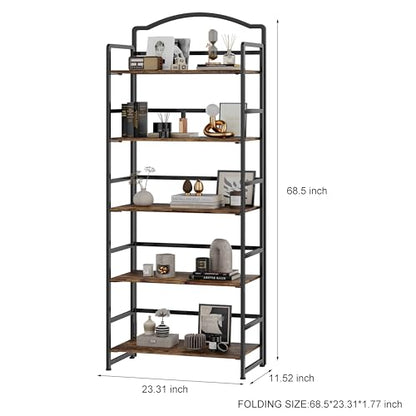 JSB 5 Tier No Assembly Folding Bookshelf, Arched Bookshelf, Foldable Bookcase for Living Room, Bedroom, Office,Skinny Bookshelf (Fire Brown) - color: Fire Brown, size: 5-Tier