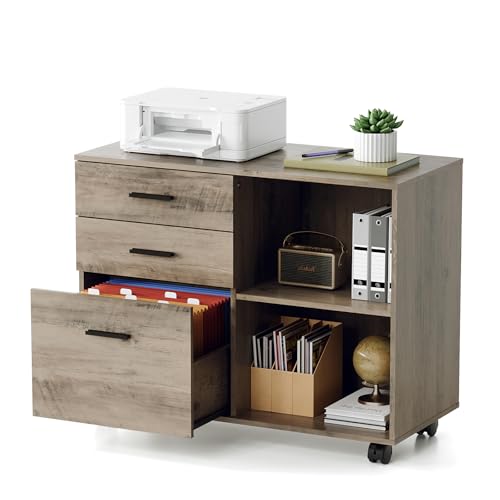 VINGLI 3 Drawer Wood Lateral File Cabinet with Adjustable Shelves & Locking Wheels, Printer Stand with Drawers for Letter Files, Sturdy File Cabinets for Home Office, Study & Business, Rustic Gray - color: Rustic Gray, size: Lateral 3 Drawer