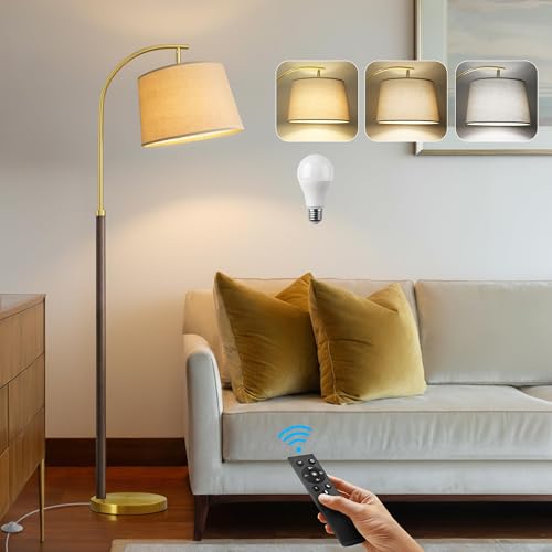 G-SAFAVA Real Wood Floor Lamps for Living Room Bedroom, 62.5" Mid Century Modern Lamp Gold Standing Tall Arc Lamps with Foot Switch, Floor Lamps for Nursery Office Decor Corner Reading Room Light - color: Walnut & Gold