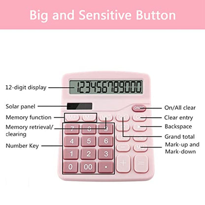 Office Calculators Desktop, 12-Digit Dual Power Cute Calculator with Large LCD Display Big Button for Office Home and School (Pink)