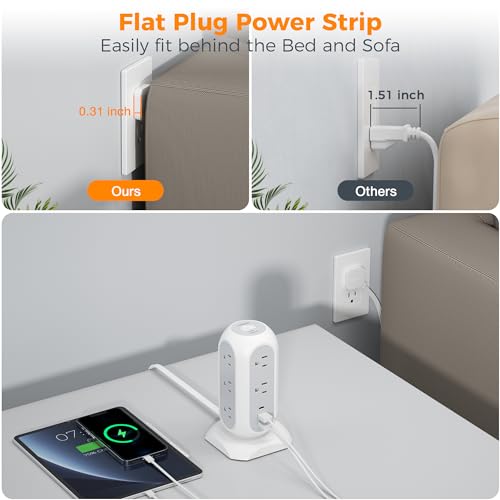TESSAN Tower Power Strip Flat Plug with 1050J Surge Protection, 6 Ft, Grey | 11 Outlets 3 USB (1 USB C), Surge Protector Power Tower, Extension Cord with Multiple Outlets, Dorm, Office Desk Supplies - color: White, size: 6 Feet