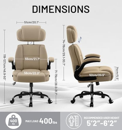 Ergonomic Office Chair with Lumbar Support, 400lbs Heavy Duty Big and Tall Executive Desk Chair, PU Leather High Back Computer Chair with Flip-Up Arms & Adjustable Headrest, Khaki - color: Khaki, size: Adjustable Headrest Office Chair