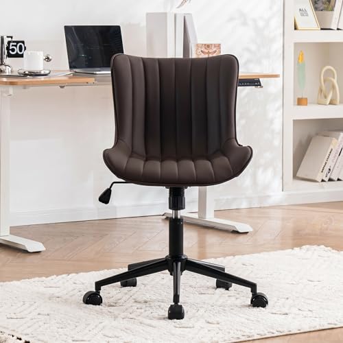 YOUNIKE Office Desk Chair with Wheels Armless Vanity Chair Modern Brown | Faux Leather Upholstered with Rocking Back, Swivel Height Adjustable Small Cute Computer Rolling Task Chair Ergonomic 300lb - color: Brown, size: Base Black