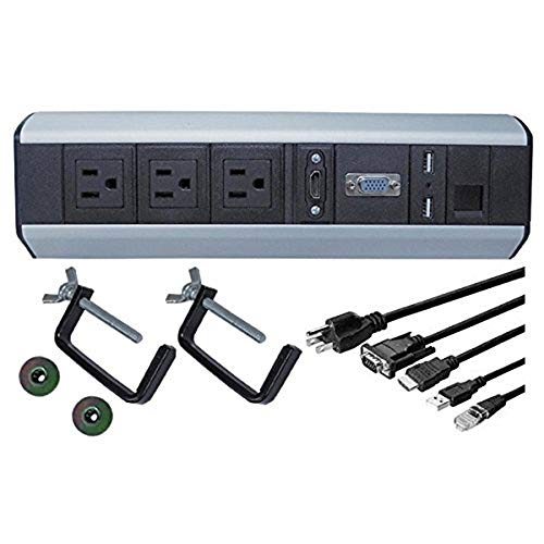 Electriduct Power and Data Center Edge Mount Tabletop - 3 Power Outlets, 1 CAT6 RJ45, 1 VGA, 1 HDMI, 2 USB Passthrough - style: 3 Power + CAT6 + 2 USB + VGA + HDMI