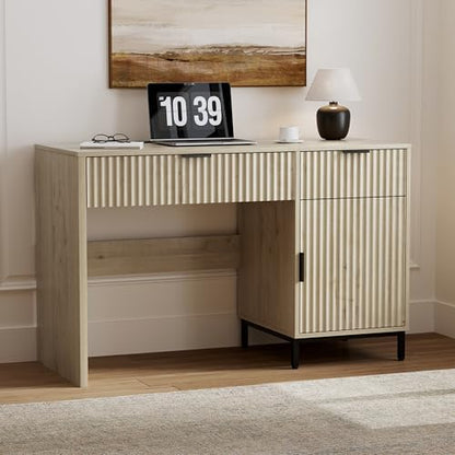47" Home Office Desk with Fluted Drawers, Wood Exectuive Desk with Storage Cabinet, Charging Station, Metal Legs Modern Farmhouse Computer Desk for Work, Study Light Oak - color: Light Oak
