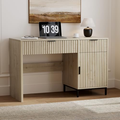 47" Home Office Desk with Fluted Drawers, Wood Exectuive Desk with Storage Cabinet, Charging Station, Metal Legs Modern Farmhouse Computer Desk for Work, Study Light Oak - color: Light Oak