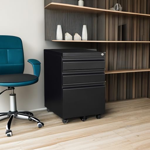 3-Drawer File Cabinet with Lock, Mobile Filing Cabinet, Fully Assembled - color: Black, size: 14.6"W x 24.4"H x 17.3"D - F