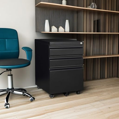 3-Drawer File Cabinet with Lock, Mobile Filing Cabinet, Fully Assembled - color: Black, size: 14.6"W x 24.4"H x 17.3"D - F