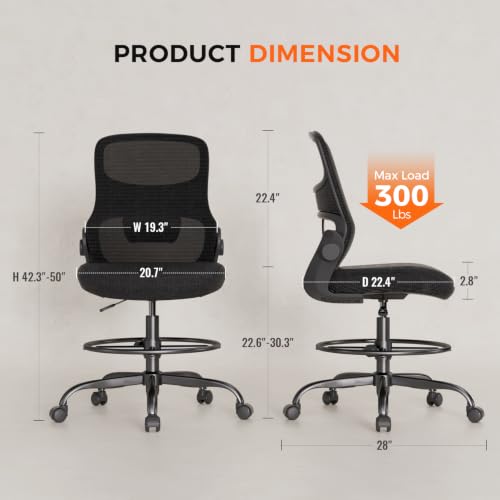 Armless Drafting Chair, Tall Office Chair for Standing Desks | A foot ring steadies legs through crafting and studio projects; breathable lumbar mesh and silent casters fit compact spaces. - color: Black-drafting