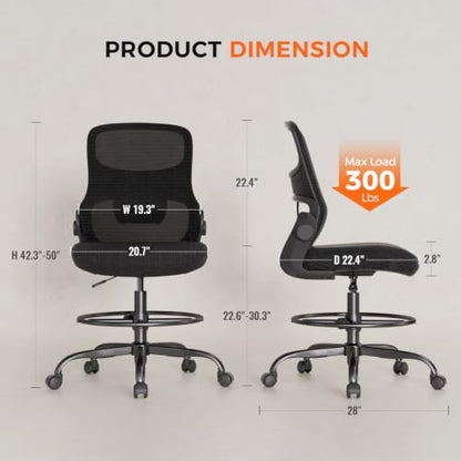 Armless Drafting Chair, Tall Office Chair for Standing Desks | A foot ring steadies legs through crafting and studio projects; breathable lumbar mesh and silent casters fit compact spaces. - color: Black-drafting