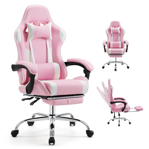DUMOS Ergonomic Gaming Chair with Footrest, Home Office Desk Chair | PU Leather, Headrest, Linkage Armrests, Height Adjustable, 360 Swivel Reclining, White Pink - color: White Pink, size: PU Leather 27"D x 25"W x 52"H