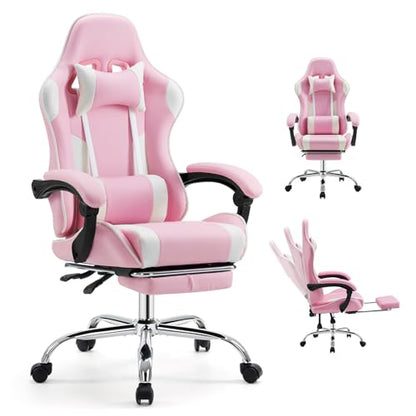 DUMOS Ergonomic Gaming Chair with Footrest, Home Office Desk Chair | PU Leather, Headrest, Linkage Armrests, Height Adjustable, 360 Swivel Reclining, White Pink - color: White Pink, size: PU Leather 27"D x 25"W x 52"H