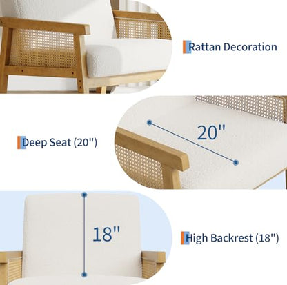 Garvee Boucle Accent Chair, Rattan Armchair with Wooden Frame, High Back, Upholstered Reading Chair Leisure Chairs for Living Room Bedroom Waiting Room Reception, White - color: Boucle, White