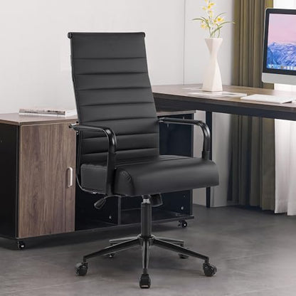 JOMEED Office Desk Chair,Conference Room Chair,High Back PU Leather Swivel | Modern Executive Ribbed Design, Ergonomic, Height Adjustable, Wheels and Arms, for Home Office(Black-Black Frame) - color: Black-black Frame