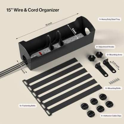 POCHAR Under Desk Cable Management Tray, 15" Power Strip Holder | Heavy Duty 1.7mm Steel Wire Organizer with 9-Cord Routing Openings, Screw Mount Cord Management for Standing Desk Home Office - size: 15 inch