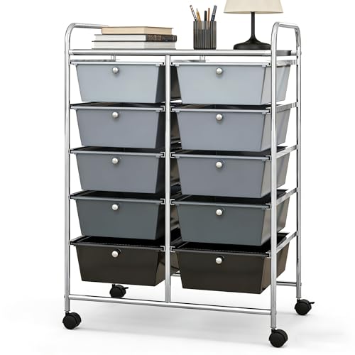 COSTWAY 10 Drawer Rolling Storage Cart, Utility Cart with Lockable Wheels | Mobile Art Supply Craft Organizer with Metal Frame, Multipurpose Drawer Cart for Paper for Office, School, Mixed Black - color: Mixed Black, size: 10 Drawer