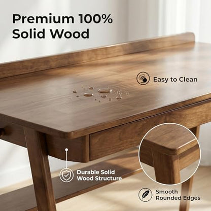 KEIKI Solid Wood Writing Desk with Drawers, 47" Computer Desk with Shelf for Home Office Work, Study, Walnut - color: Walnut W/Shelf