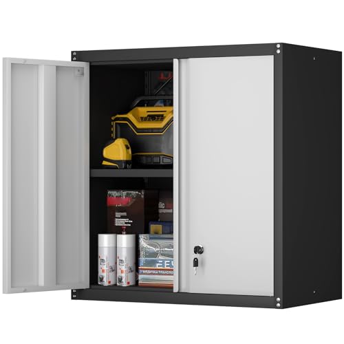 Steel Wall Cabinet, Heavy Duty Hanging Garage Storage Cabinet with Adjustable Shelf & Locking Doors, Wall Mounted Metal Garage Cabinet for Workshop, Utility Room, Shed, Black/Grey - color: 28"h - Grey/Black