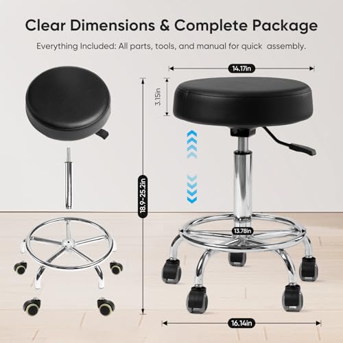 Adjustable Rolling Stool with Wheels & Footrest, 485lb Capacity Drafting Stool Chair, Swivel Salon Spa Tattoo Medical Office Chair, Black - color: Black