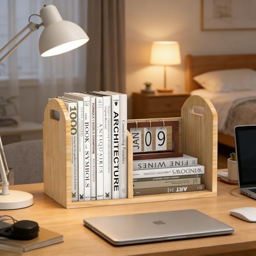 100% Solid Wood Adjustable Desktop Bookshelf, Retro Tabletop Book Shelf File Holder, Vertical Bookshelf Divider Desk Shelf for Home School Office Organization, Perfect for Books, Cookbooks, Magazine - color: Burlywood