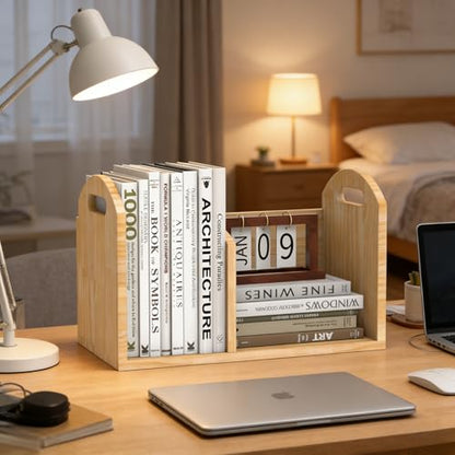 100% Solid Wood Adjustable Desktop Bookshelf, Retro Tabletop Book Shelf File Holder, Vertical Bookshelf Divider Desk Shelf for Home School Office Organization, Perfect for Books, Cookbooks, Magazine - color: Burlywood