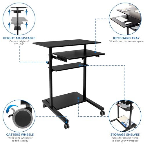 Mount-It! Mobile Standing Desk with Retractable Keyboard Platform | Height Adjustable Stand Up Computer Workstation | Locking Wheels, 99 Lbs Capacity - color: Sliding Keyboard Tray