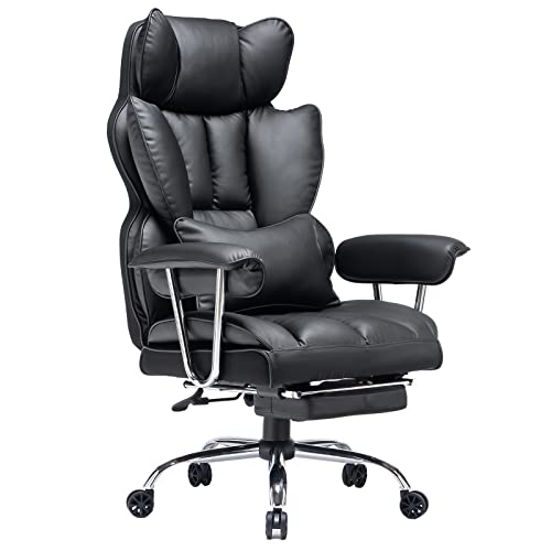 Efomao Big and Tall Office Chair with Foot Rest 400LBS, PU Leather Computer Chair, Heavy Duty Executive Office Chair with Lumbar Support, Black Home Office Chairs | 400lbs support, 135° recline, dual-layer foam cushion, 23.5" seat & footrest. BIFMA - colo