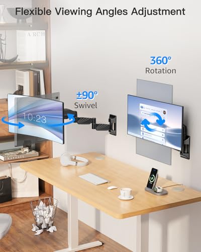 Long Arm Monitor Wall Mount for Max 32 inch Computer Screen, Extra Long Adjustable Single Wall Mount Monitor Arm, Full Motion Vesa Wall Bracket 100x100, Hold up to 17.6lbs, Black - size: Single Wall Mount