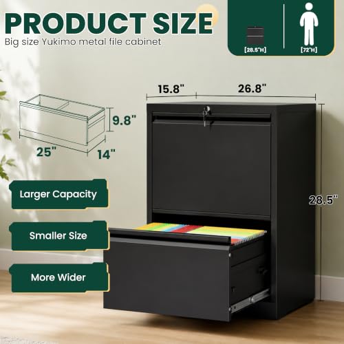 2 Drawer Lateral File Cabinet with Lock, File Cabinet for Home Office,Black | Heavy-Duty Steel Locking File Cabinet, Hanging Letter/Legal/A4 Size, Full-Extension Silent Drawer, Un-Assembly - color: Black, size: 2 Drawers